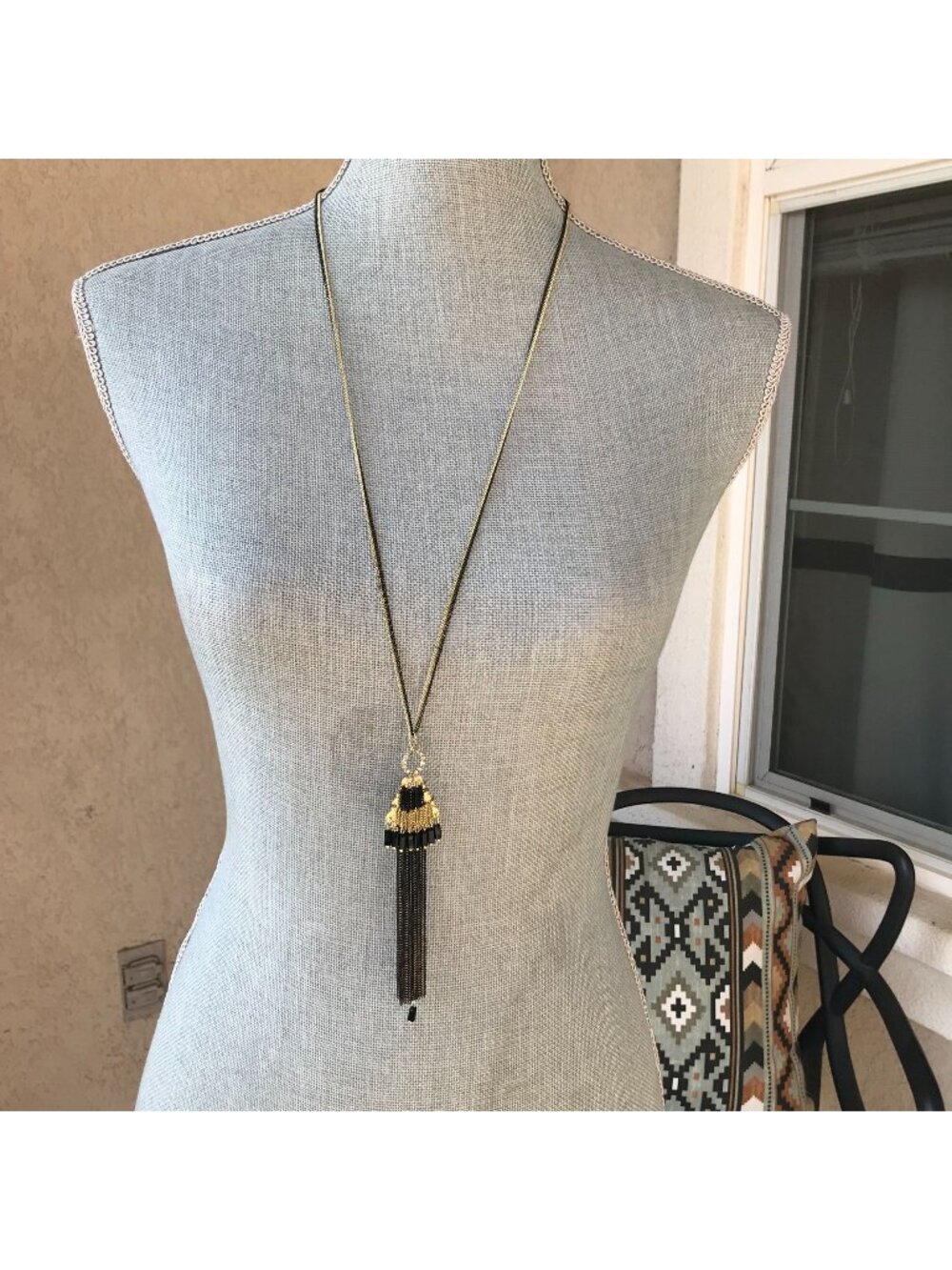 NWT Anthropologie Boho Festival Jewelry Black Long Chain Beaded Tassel Necklace